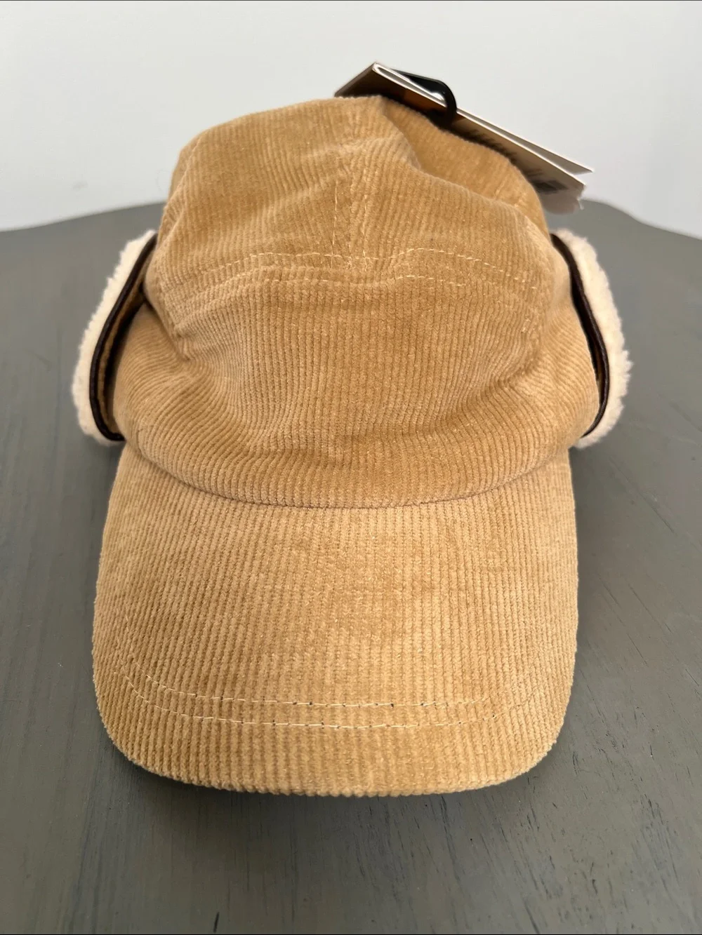 Scala Corduroy Earflap Cap in Tan with Cream Shearling
